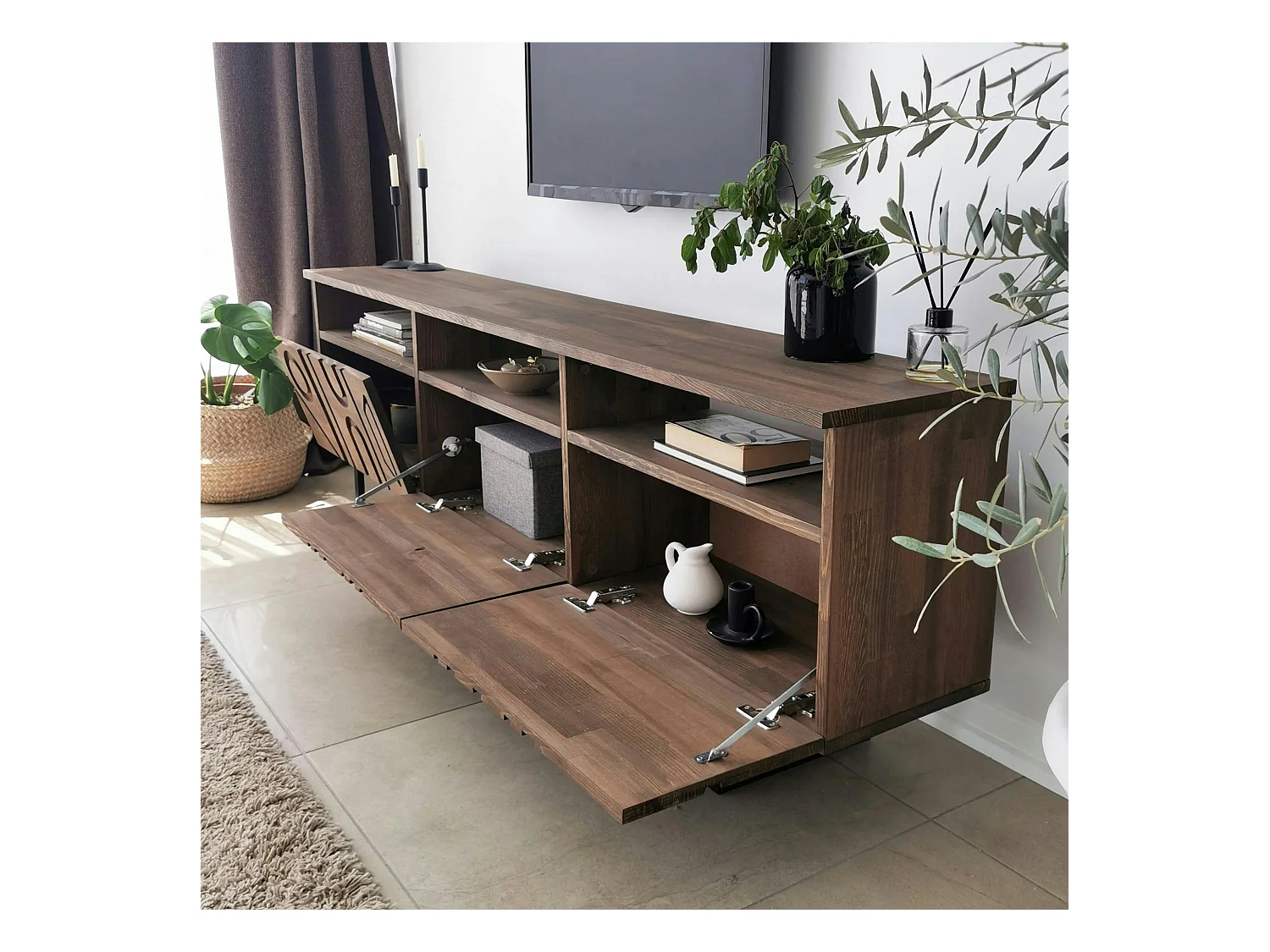 Meuble TV bois brun motif graphique avec 2 étagères JACA