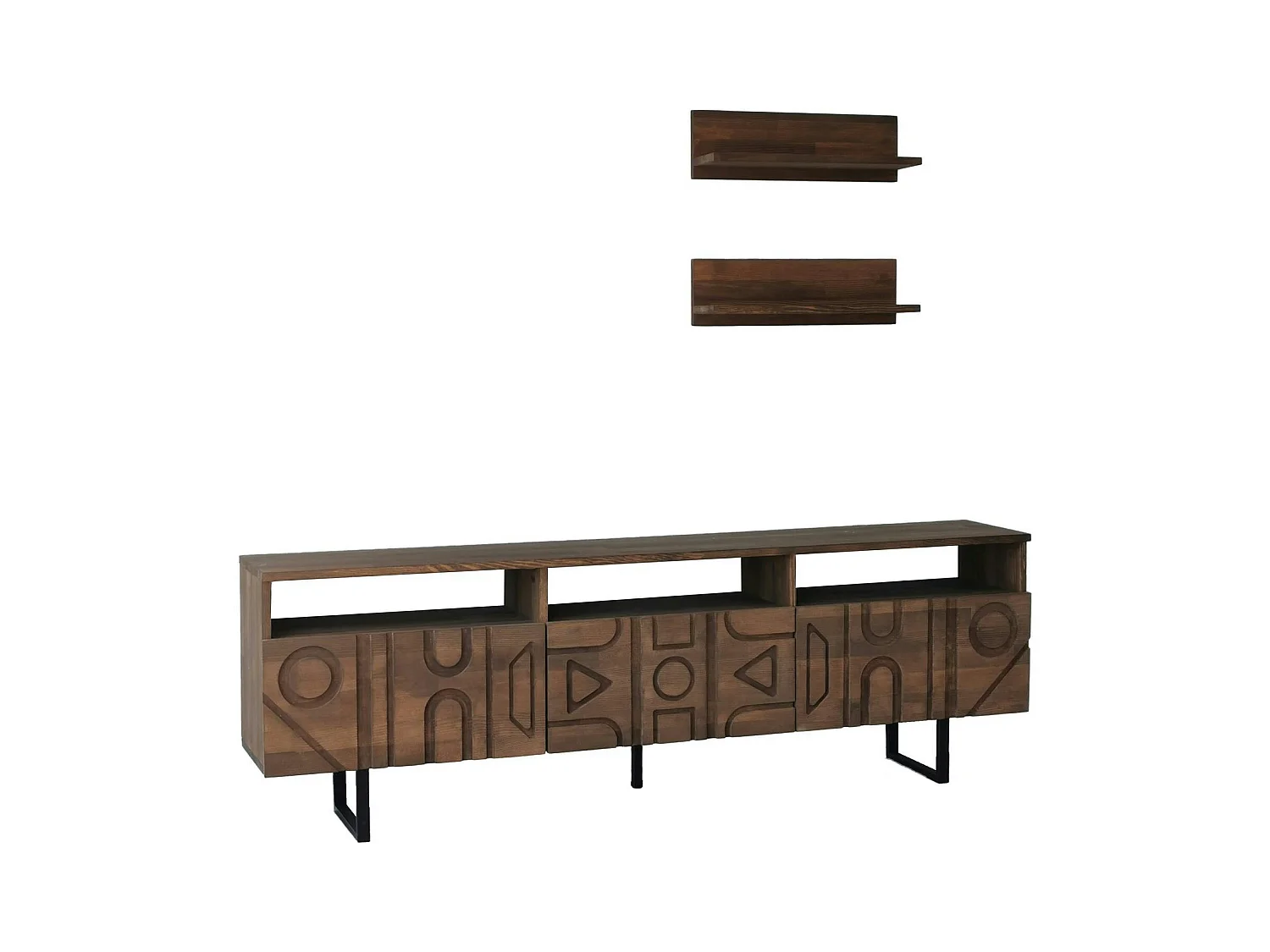 Meuble TV bois brun motif graphique avec 2 étagères JACA