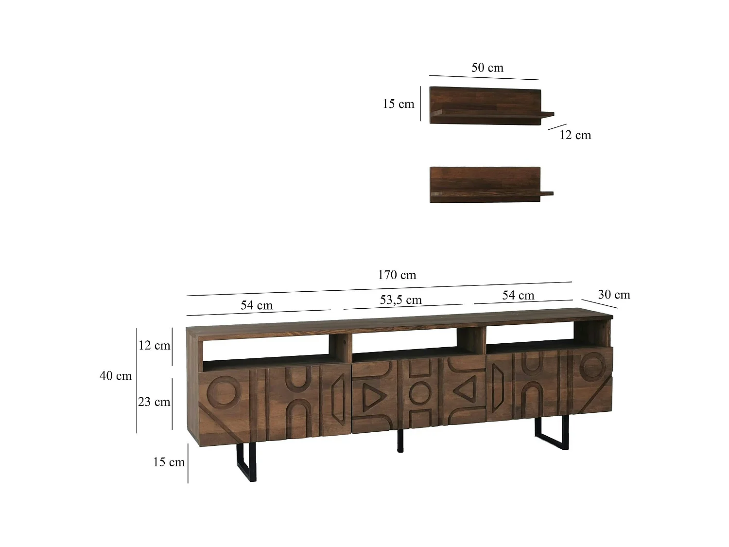 Meuble TV bois brun motif graphique avec 2 étagères JACA