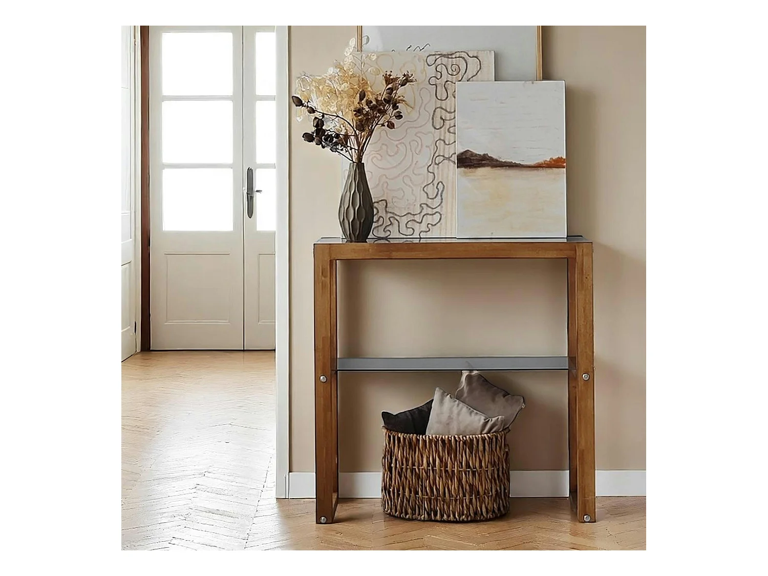 Console de salon verre teinté bois brun - 2 plateaux LHASA