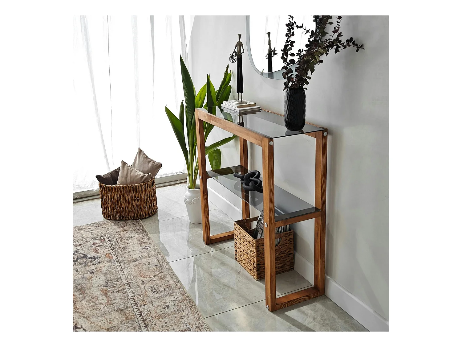 Console de salon verre teinté bois brun - 2 plateaux LHASA