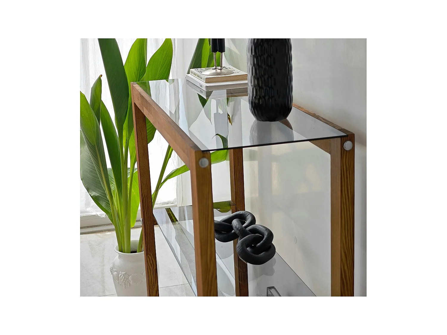 Console de salon verre teinté bois brun - 2 plateaux LHASA