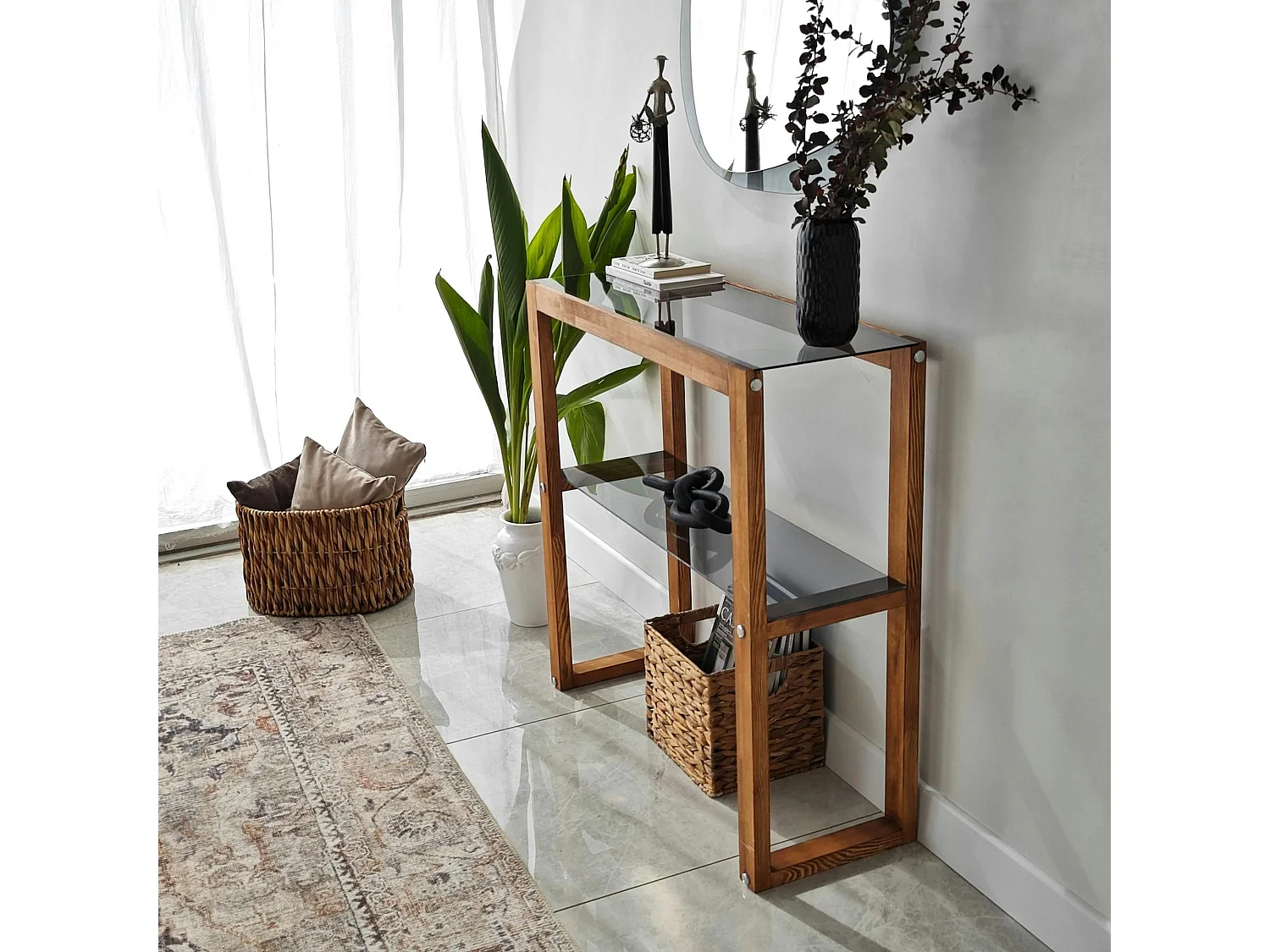 Console de salon verre teinté bois brun - 2 plateaux LHASA