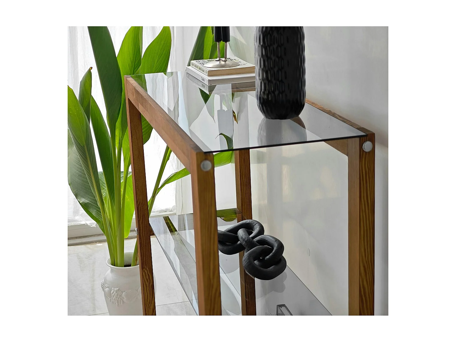 Console de salon verre teinté bois brun - 2 plateaux LHASA