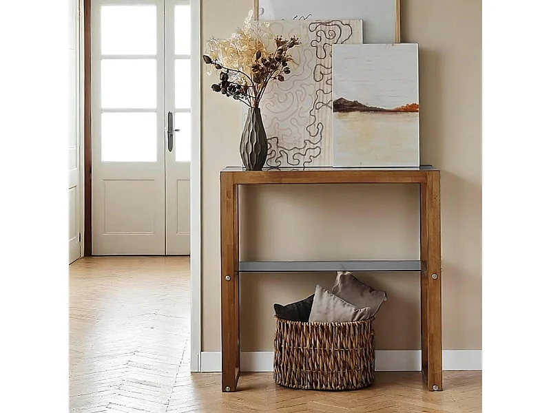 Console de salon verre teinté bois brun - 2 plateaux LHASA