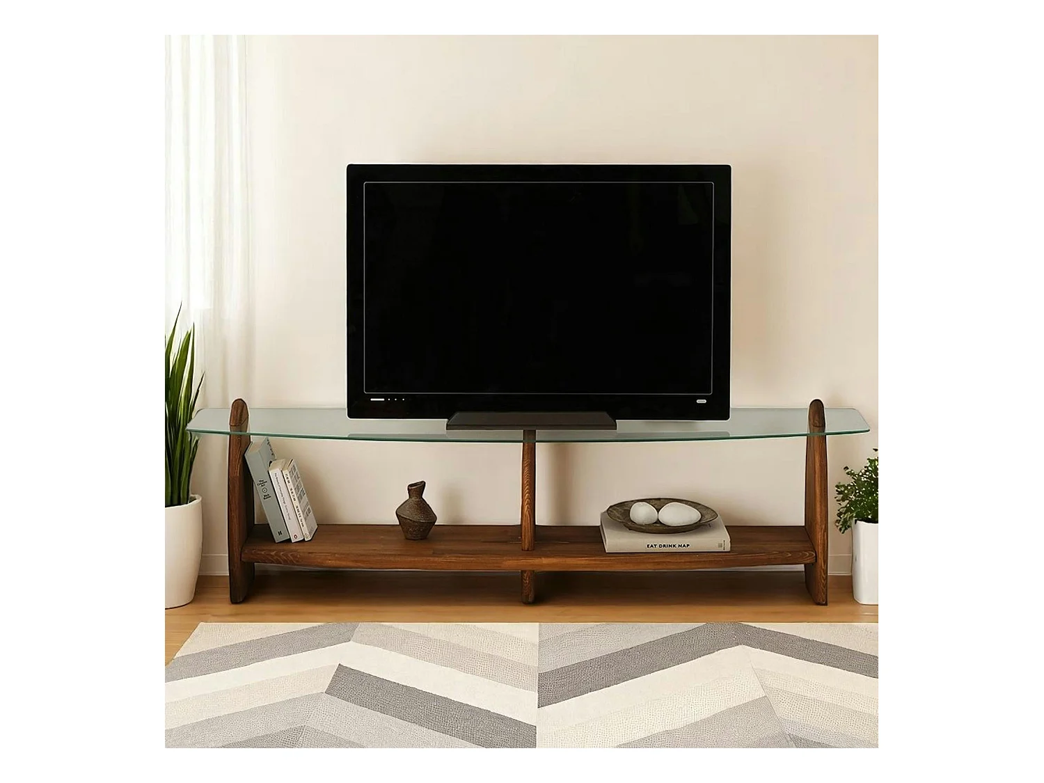 Meuble TV bois brun et verre - 2 niches, vintage ANZIO