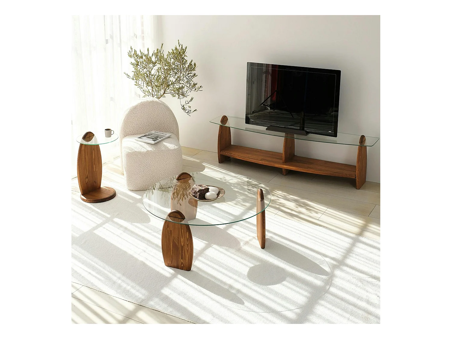 Meuble TV bois brun et verre - 2 niches, vintage ANZIO