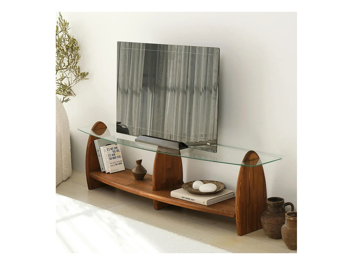 Meuble TV bois brun et verre - 2 niches, vintage ANZIO