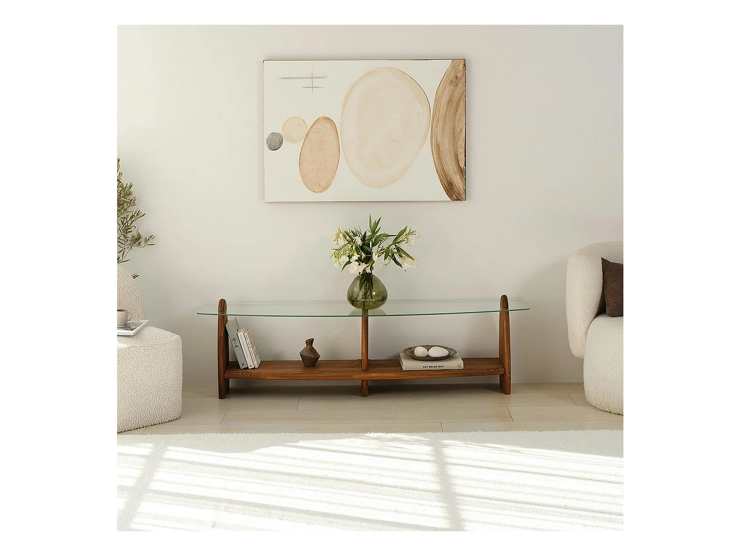 Meuble TV bois brun et verre - 2 niches, vintage ANZIO