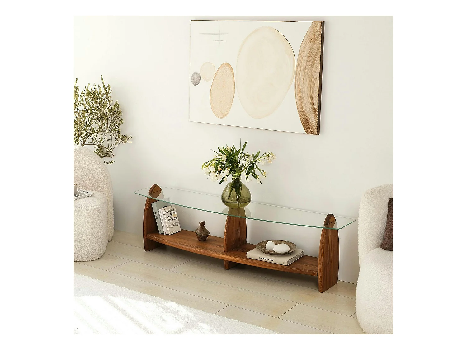 Meuble TV bois brun et verre - 2 niches, vintage ANZIO