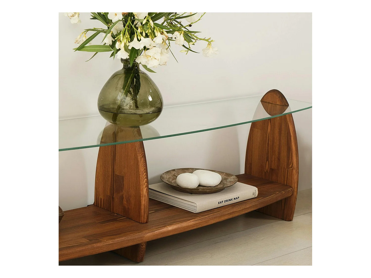 Meuble TV bois brun et verre - 2 niches, vintage ANZIO