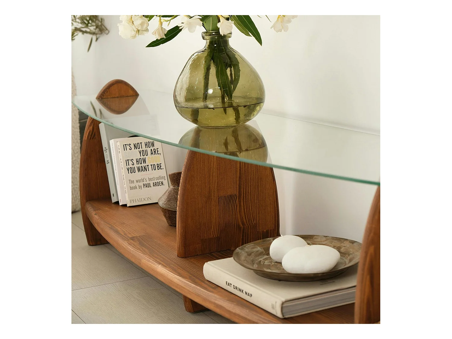 Meuble TV bois brun et verre - 2 niches, vintage ANZIO