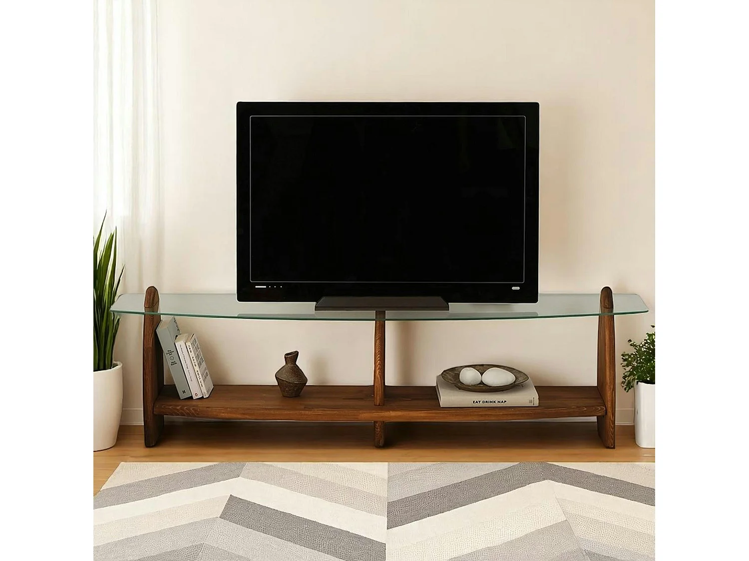 Meuble TV bois brun et verre - 2 niches, vintage ANZIO