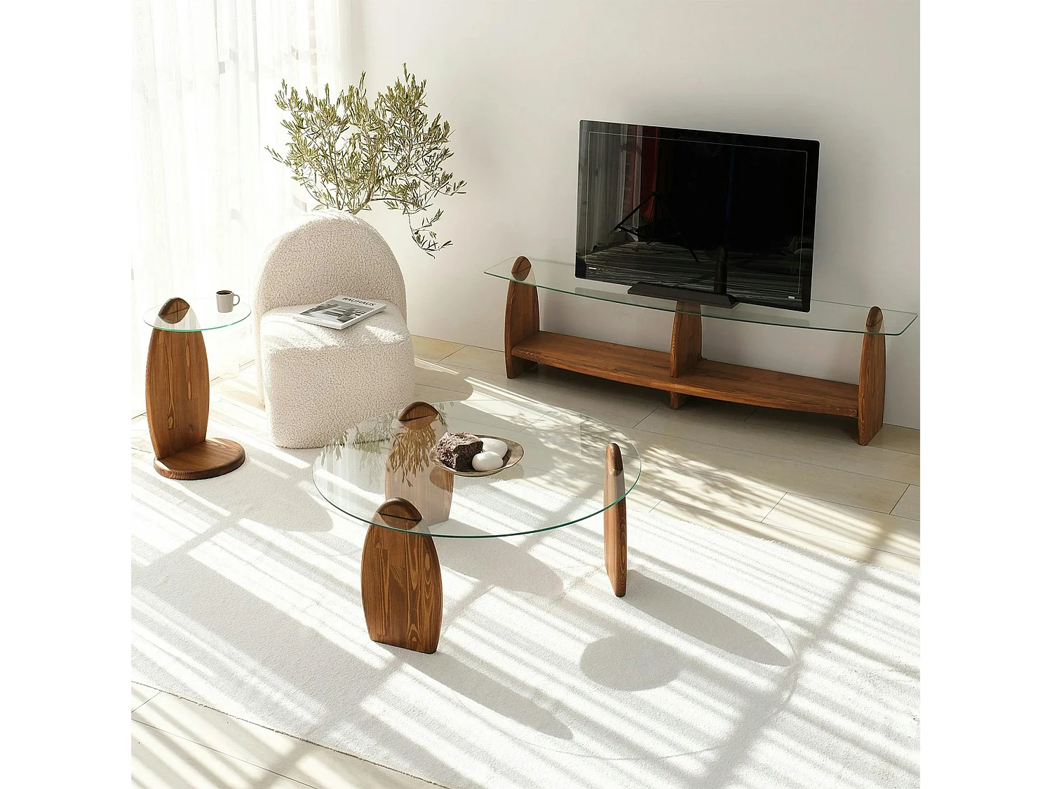 Meuble TV bois brun et verre - 2 niches, vintage ANZIO