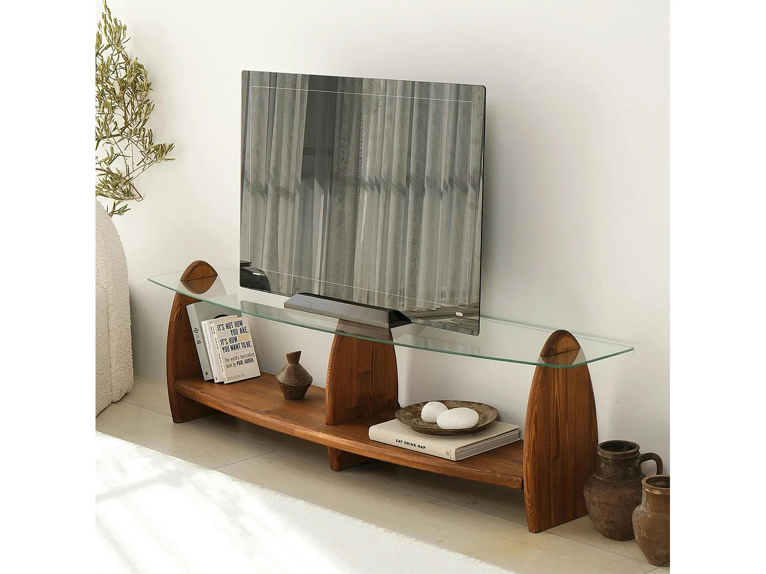 Meuble TV bois brun et verre - 2 niches, vintage ANZIO