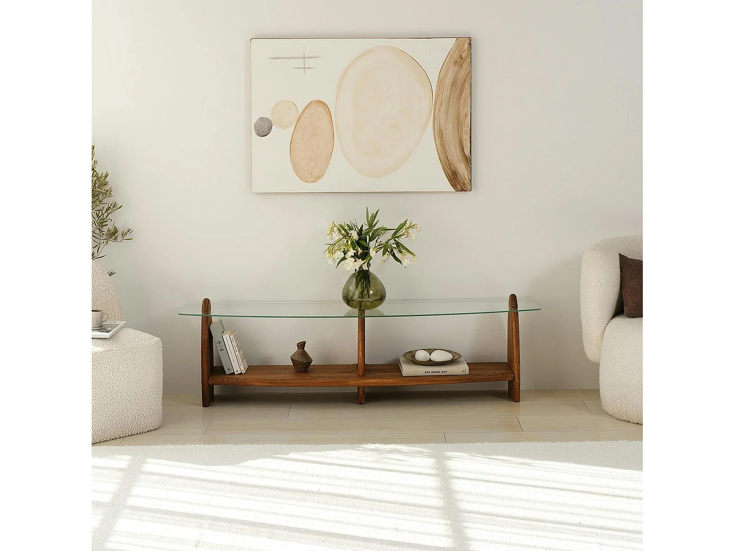 Meuble TV bois brun et verre - 2 niches, vintage ANZIO