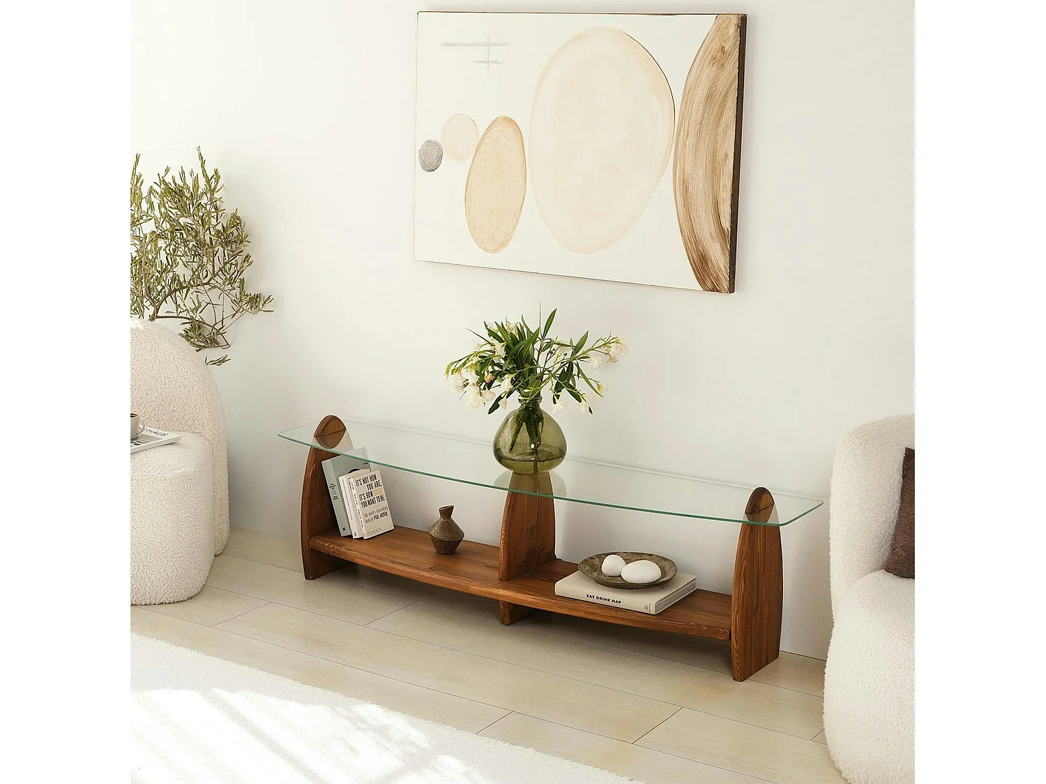 Meuble TV bois brun et verre - 2 niches, vintage ANZIO