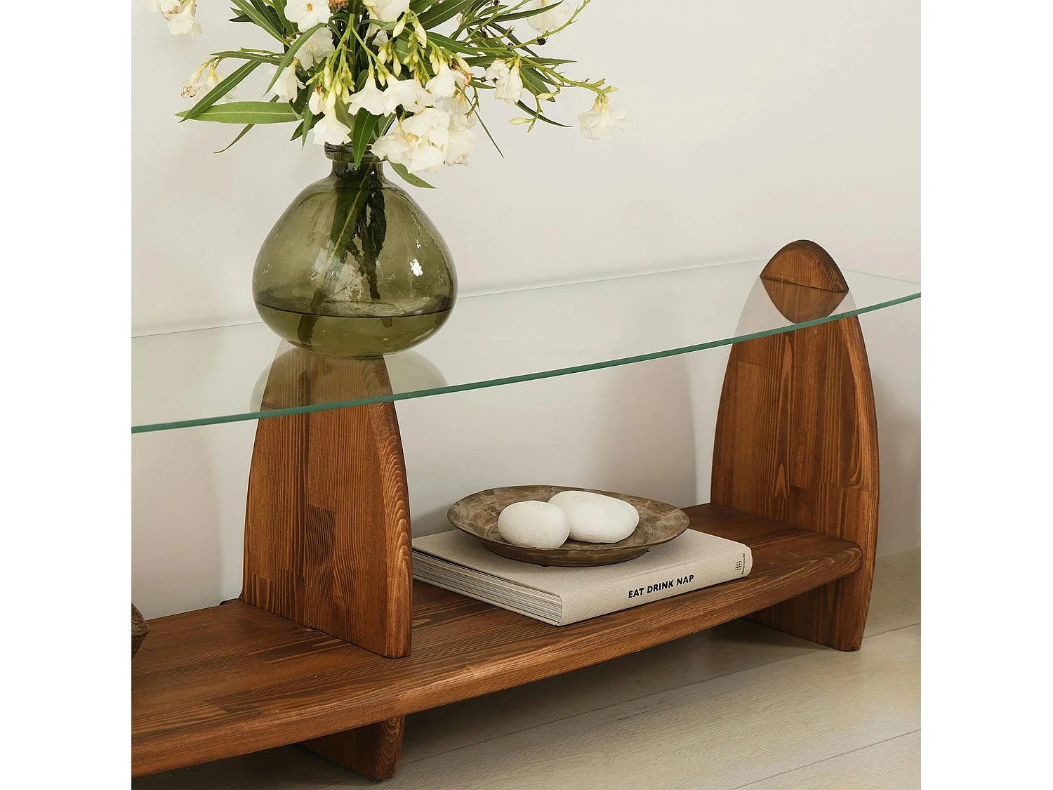 Meuble TV bois brun et verre - 2 niches, vintage ANZIO