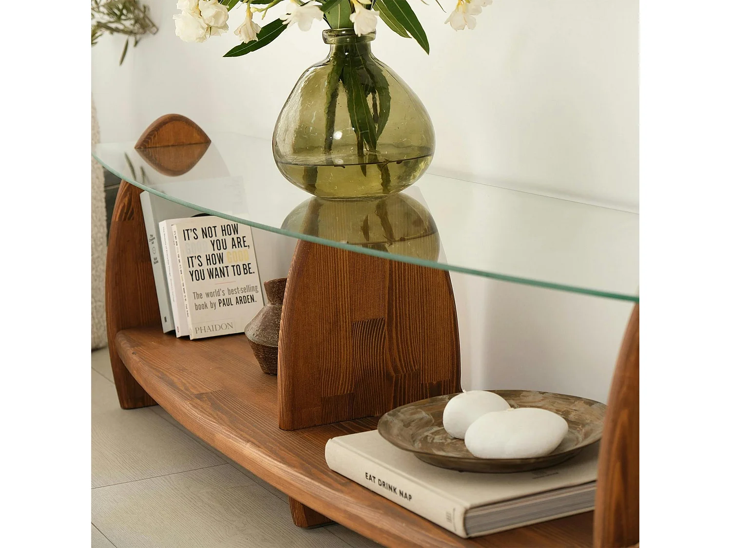 Meuble TV bois brun et verre - 2 niches, vintage ANZIO