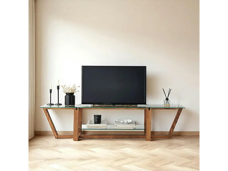 Meuble TV verre trempé bois foncé - 158 cm 2 niveaux LHASA