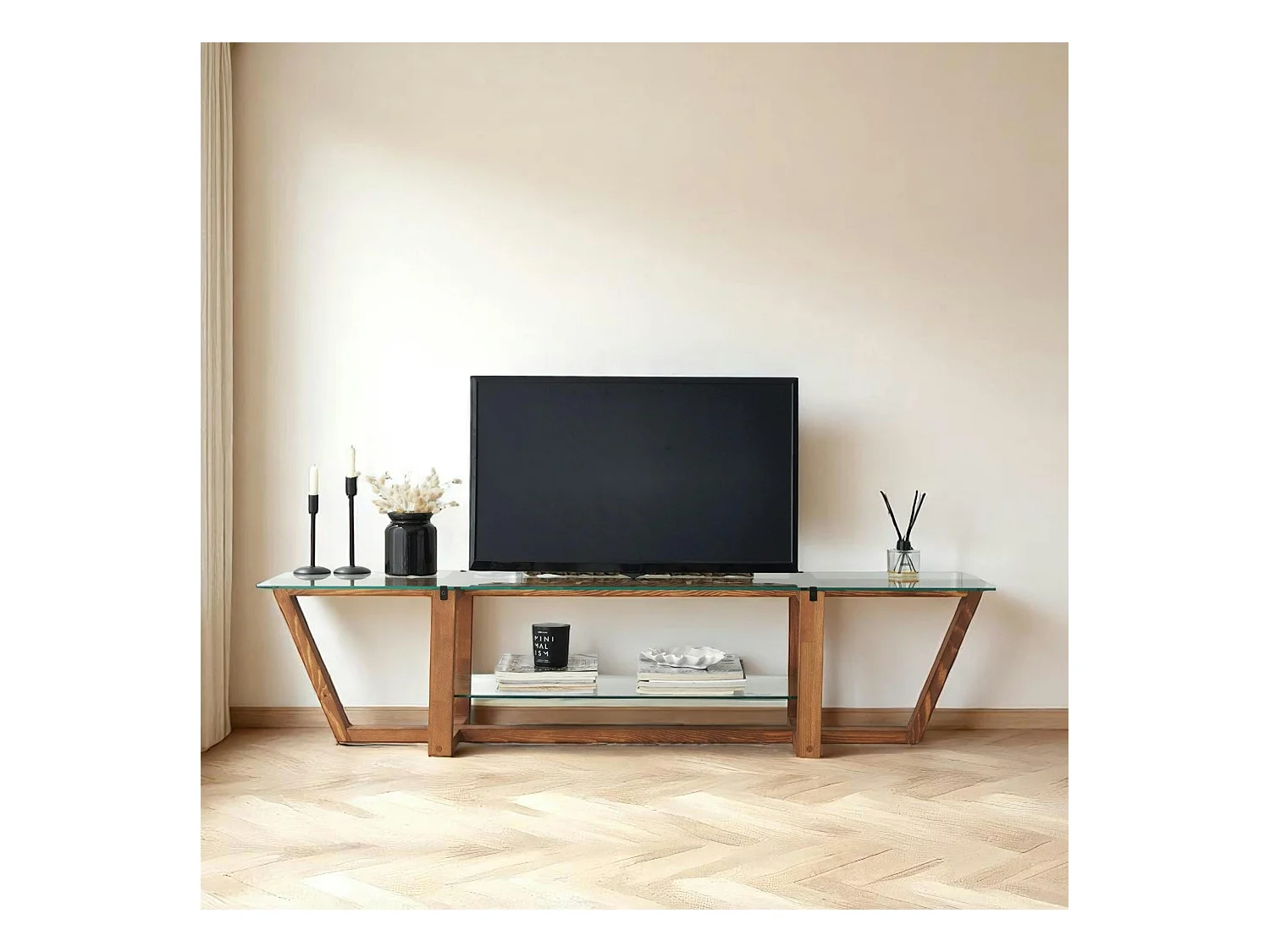 Meuble TV verre trempé bois foncé - 158 cm 2 niveaux LHASA
