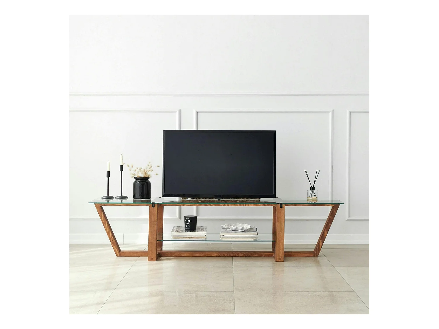 Meuble TV verre trempé bois foncé - 158 cm 2 niveaux LHASA