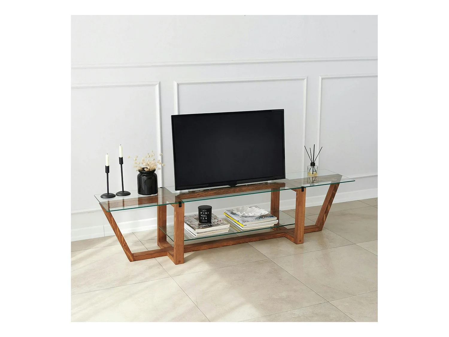 Meuble TV verre trempé bois foncé - 158 cm 2 niveaux LHASA