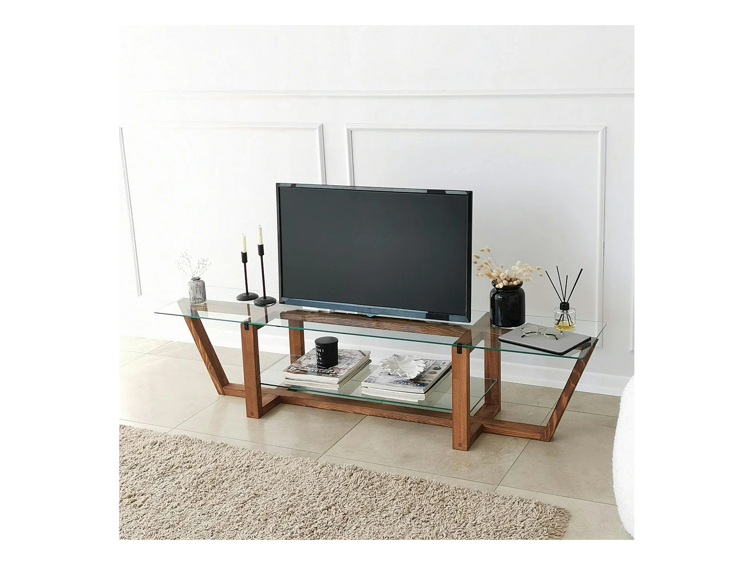 Meuble TV verre trempé bois foncé - 158 cm 2 niveaux LHASA