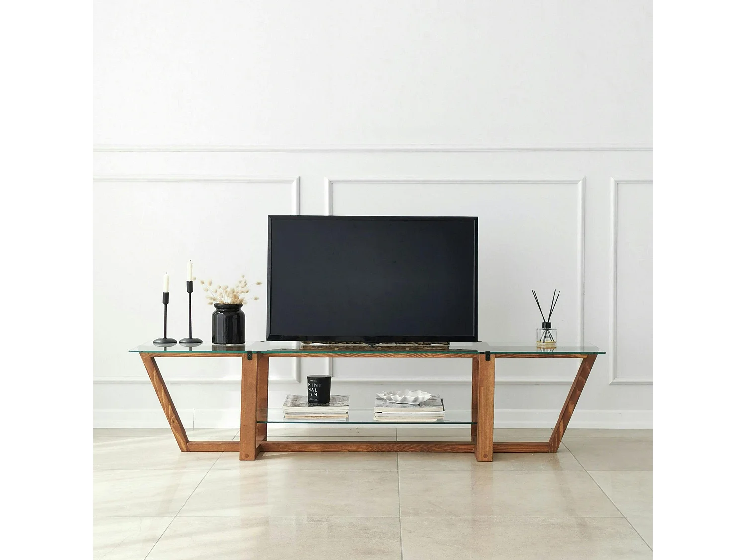 Meuble TV verre trempé bois foncé - 158 cm 2 niveaux LHASA