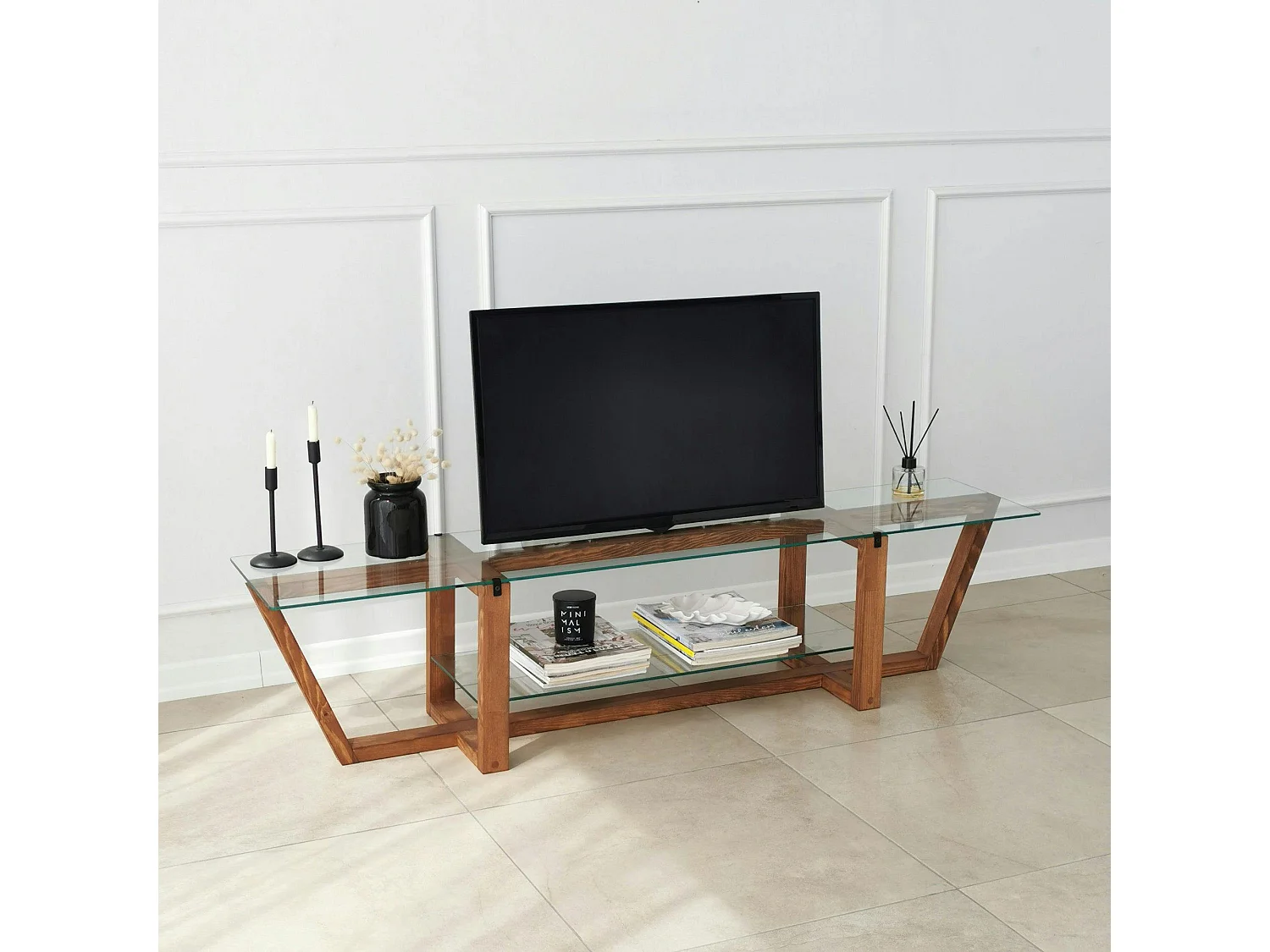Meuble TV verre trempé bois foncé - 158 cm 2 niveaux LHASA