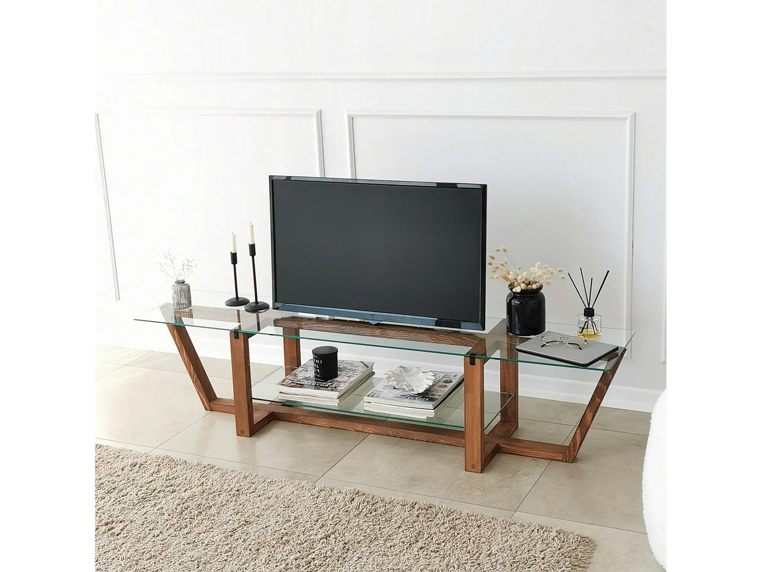 Meuble TV verre trempé bois foncé - 158 cm 2 niveaux LHASA