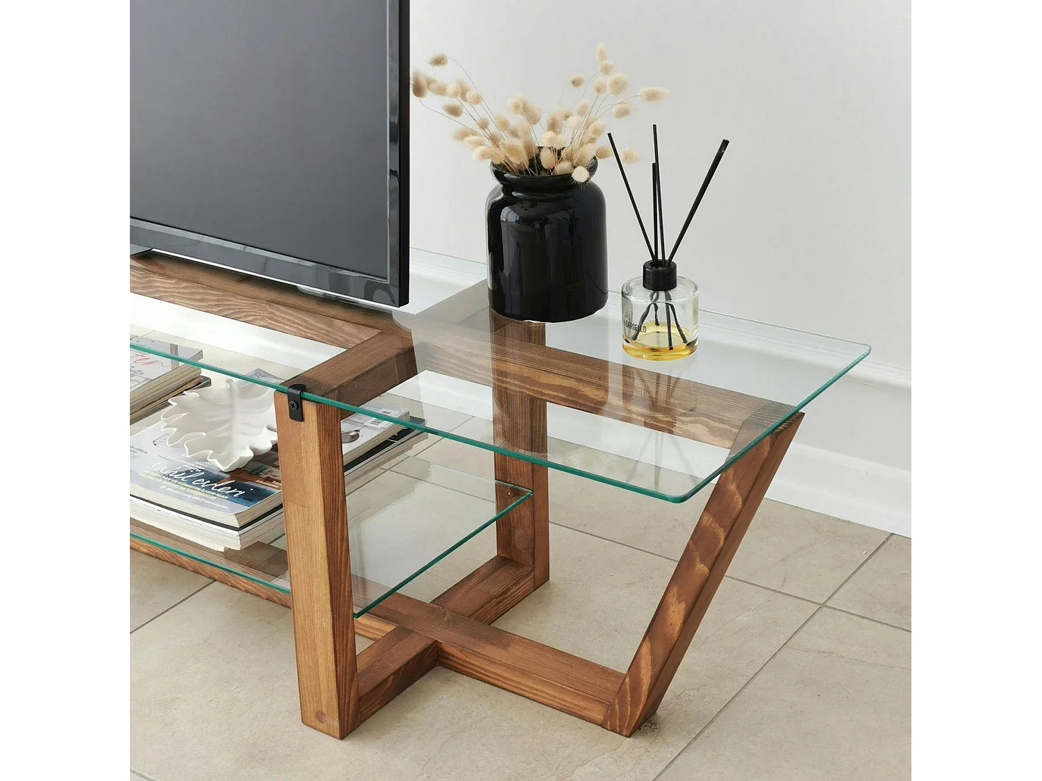 Meuble TV verre trempé bois foncé - 158 cm 2 niveaux LHASA
