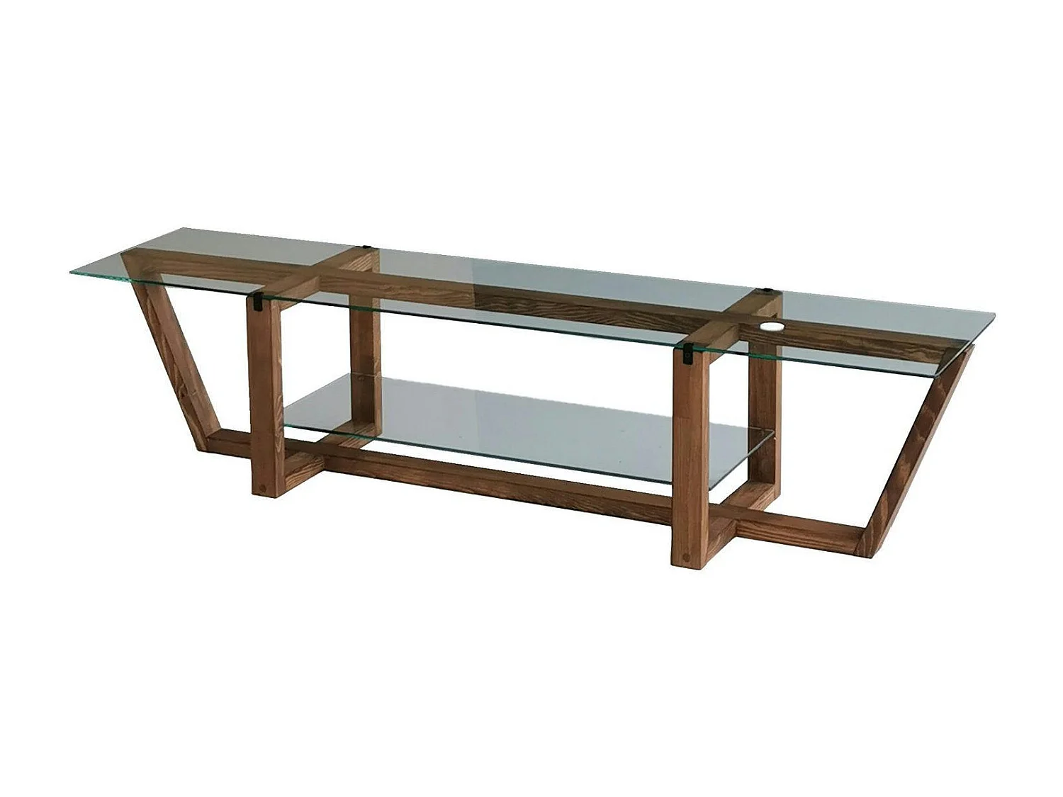 Meuble TV verre trempé bois foncé - 158 cm 2 niveaux LHASA