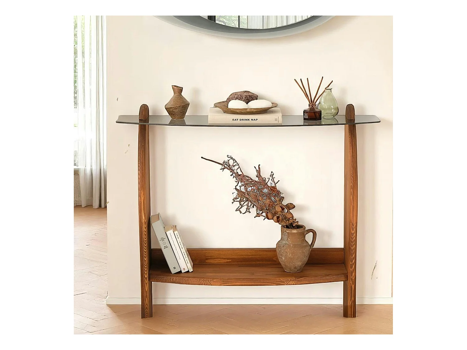 Console d'entrée vintage - bois brun, verre teinté ANZIO