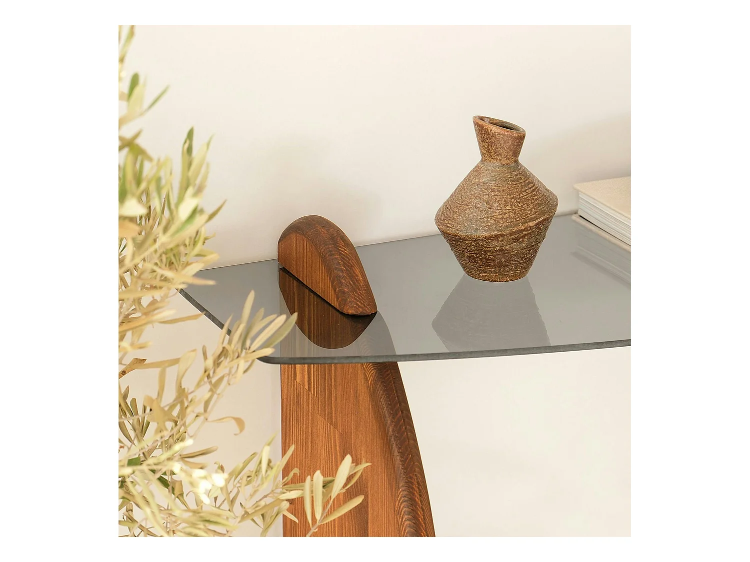 Console d'entrée vintage - bois brun, verre teinté ANZIO