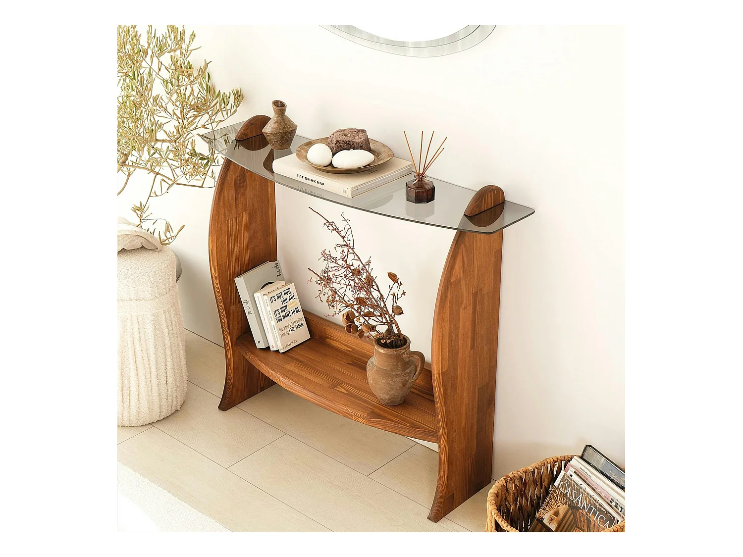 Console d'entrée vintage - bois brun, verre teinté ANZIO