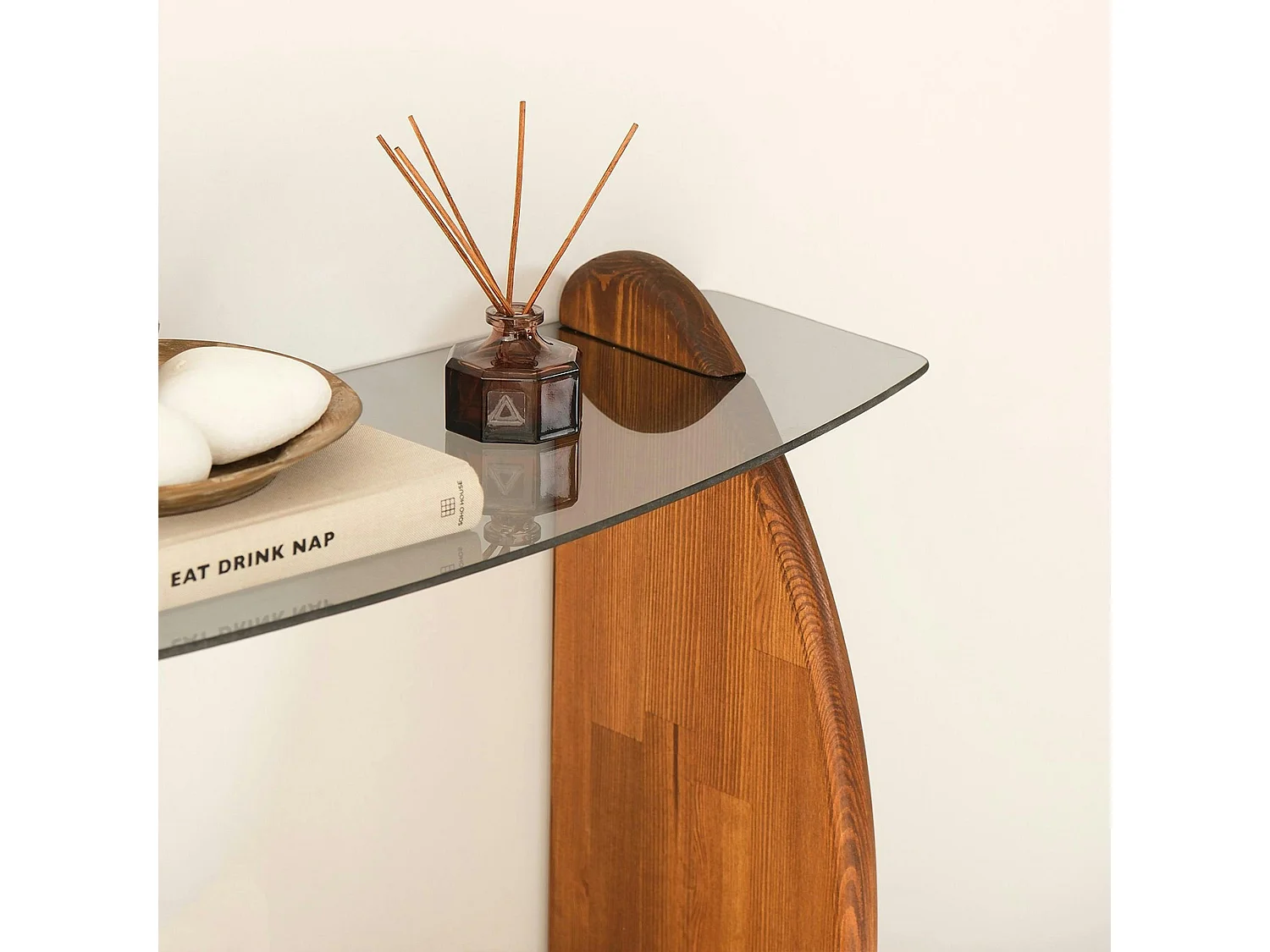 Console d'entrée vintage - bois brun, verre teinté ANZIO