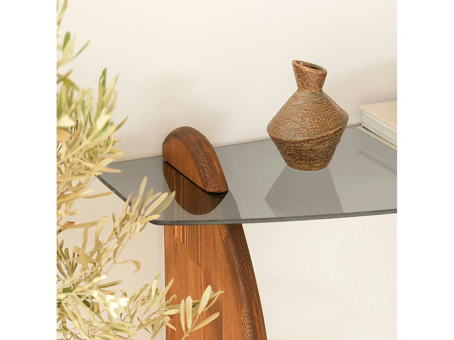 Console d'entrée vintage - bois brun, verre teinté ANZIO