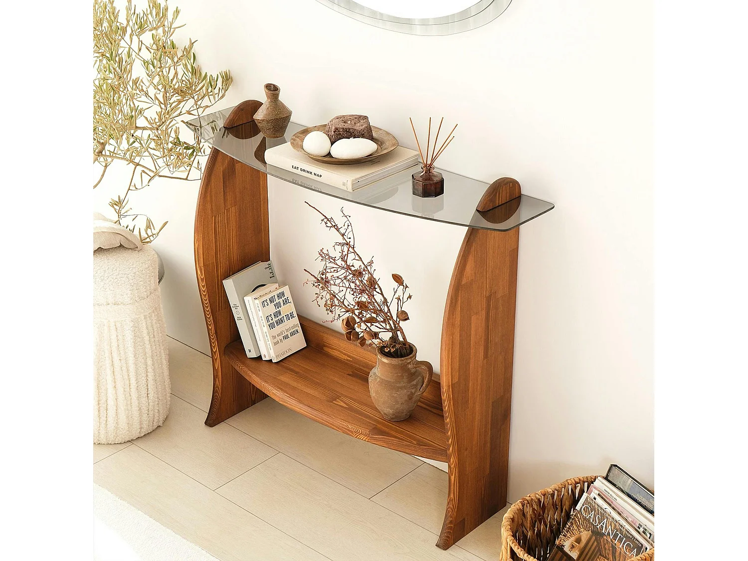 Console d'entrée vintage - bois brun, verre teinté ANZIO