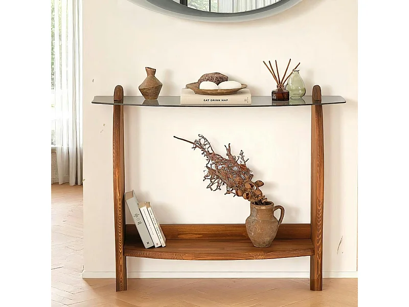 Console d'entrée vintage - bois brun, verre teinté ANZIO