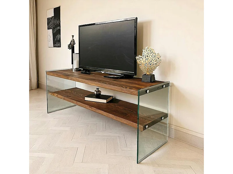 Meuble TV en bois marron et verre - 2 niveaux LHASA