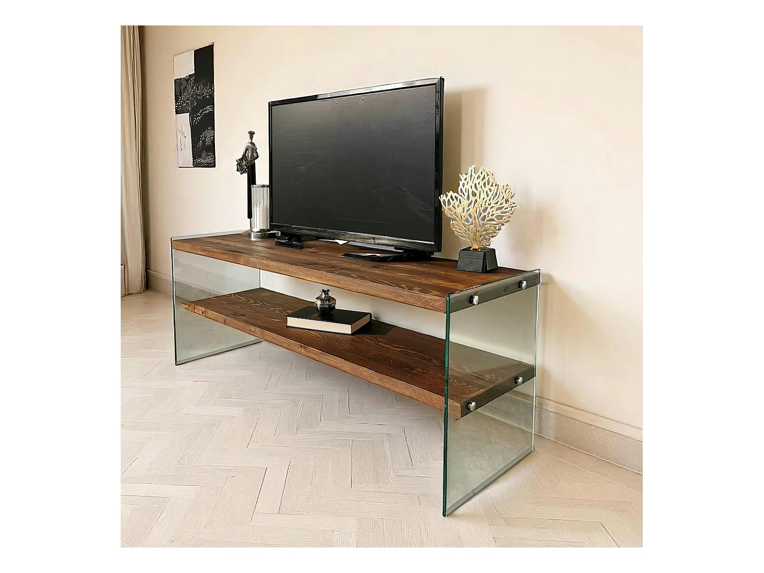 Meuble TV en bois marron et verre - 2 niveaux LHASA