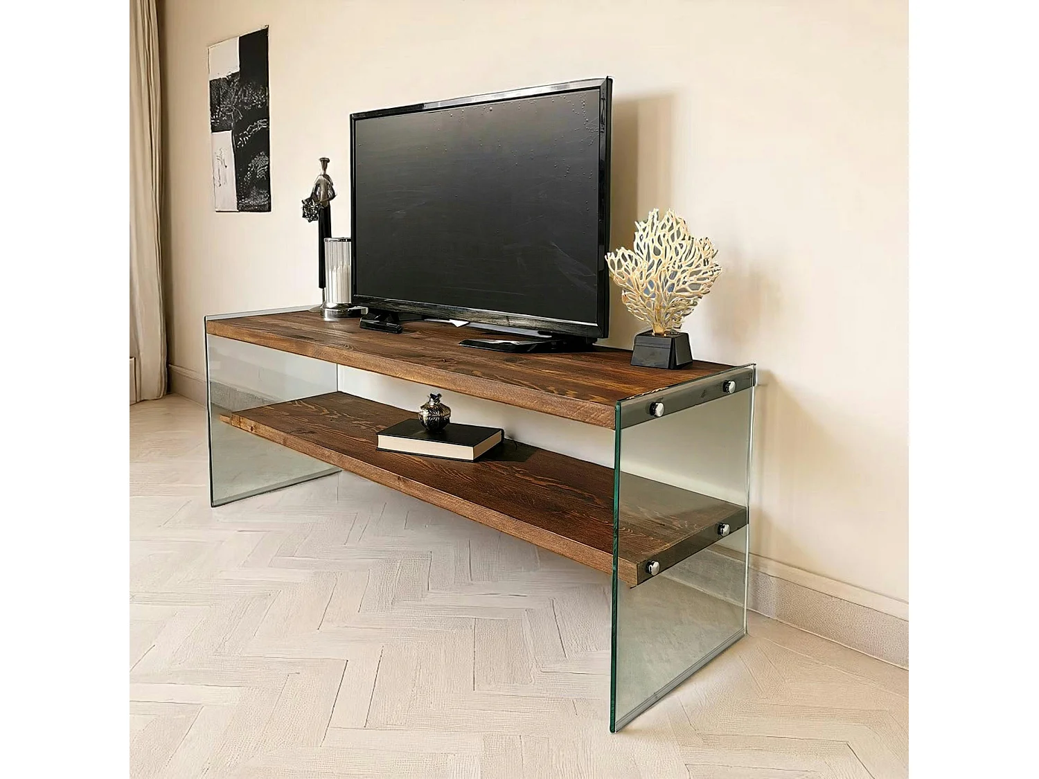 Meuble TV en bois marron et verre - 2 niveaux LHASA