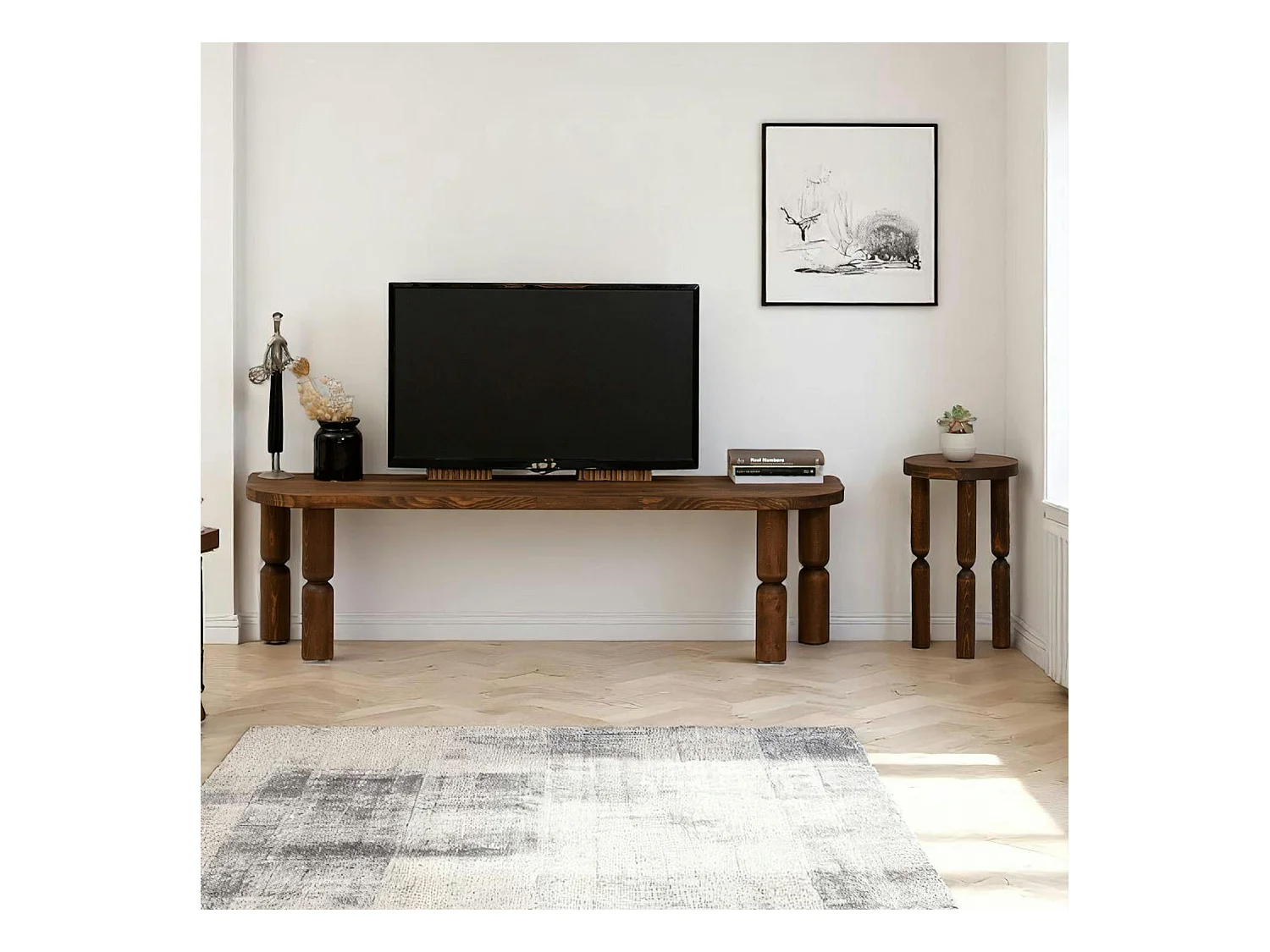 Banc TV en bois brun - pieds tournés, 140 cm BOMA