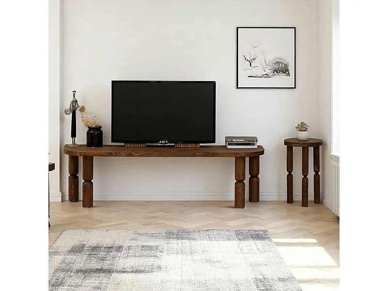 Banc TV en bois brun - pieds tournés, 140 cm BOMA