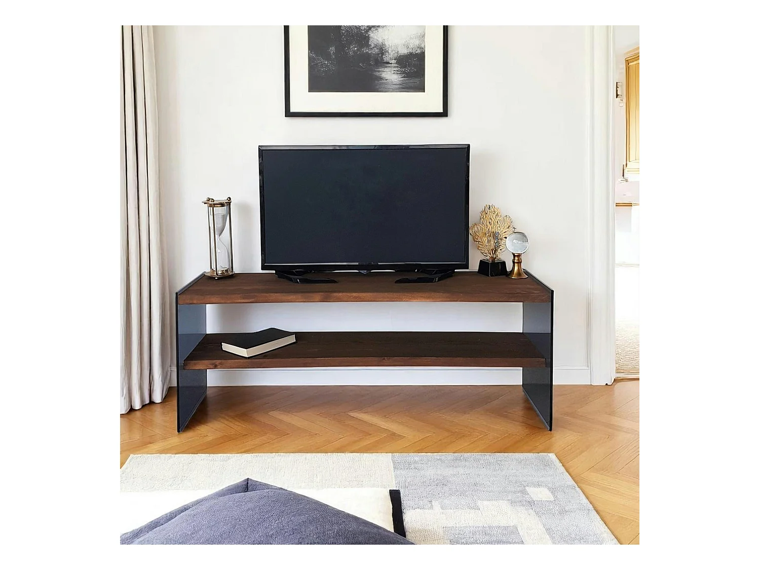 Meuble TV en bois marron et verre fumé - 2 niveaux LHASA