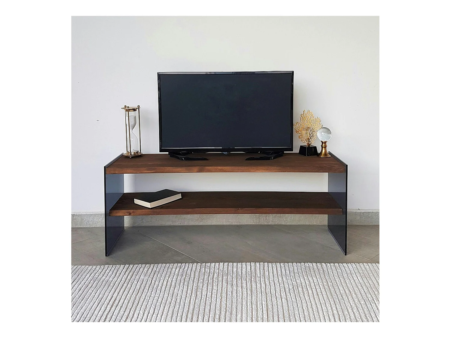 Meuble TV en bois marron et verre fumé - 2 niveaux LHASA