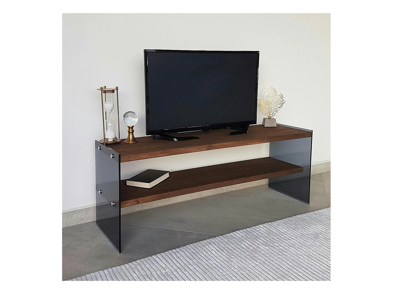 Meuble TV en bois marron et verre fumé - 2 niveaux LHASA