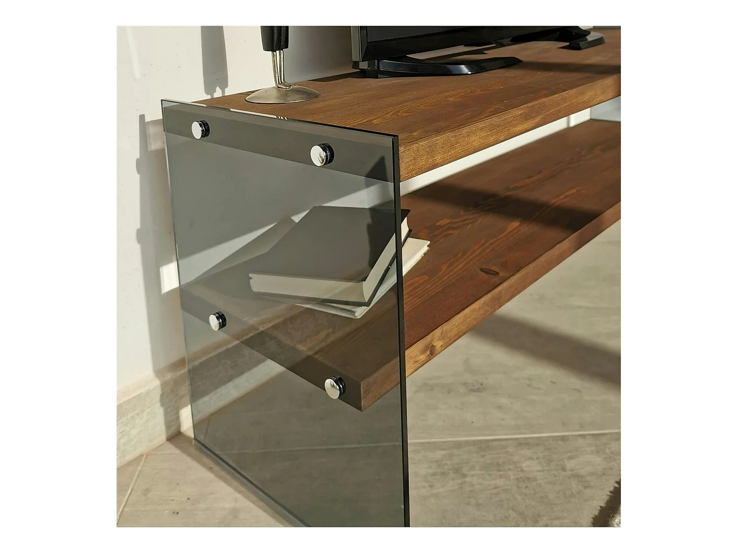 Meuble TV en bois marron et verre fumé - 2 niveaux LHASA