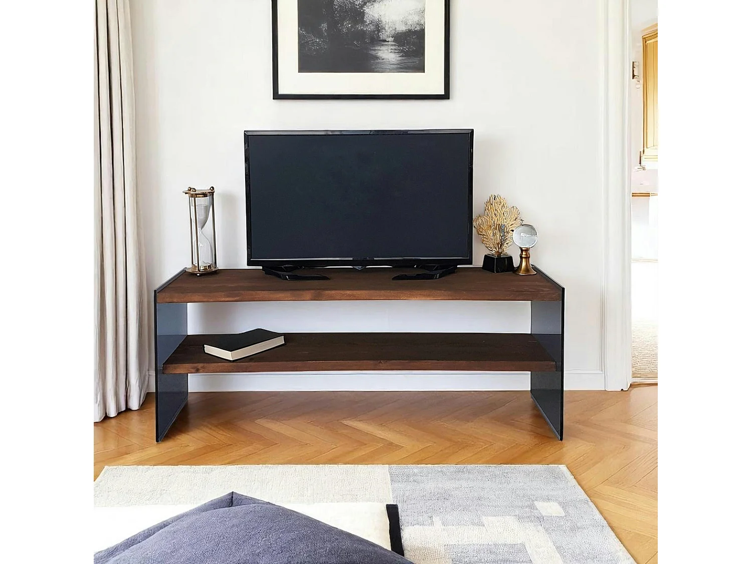 Meuble TV en bois marron et verre fumé - 2 niveaux LHASA